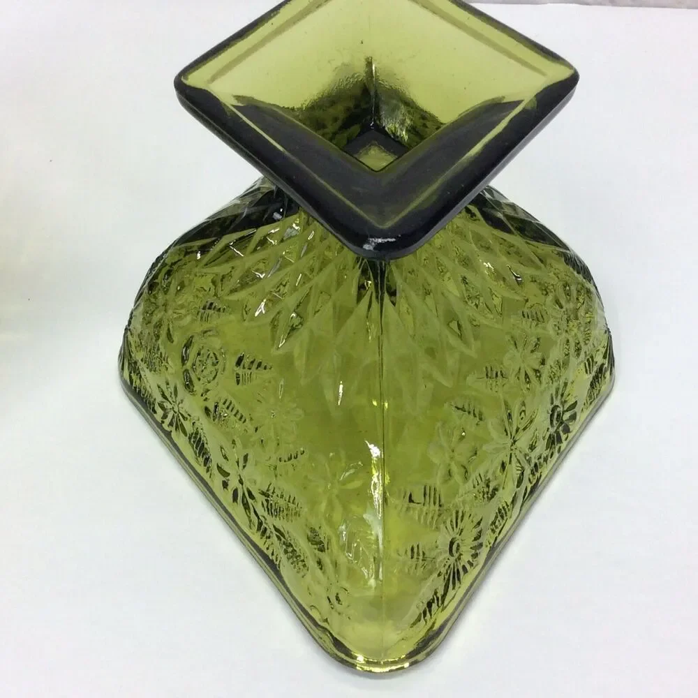 Vintage Indiana Glass Olive Green Diamond Shape Pedestal Candy Dish Bowl Set 2